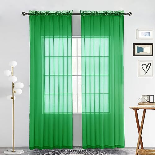 Sheer Voile Window Treatment Rod Pocket Curtain Panels for Kitchen Bedroom Living Room Drapes Sunlight Filtering Privacy Semi Home Decor Assorted Colors Sizes (Green / 52"W x 72"L (Pack of 2))