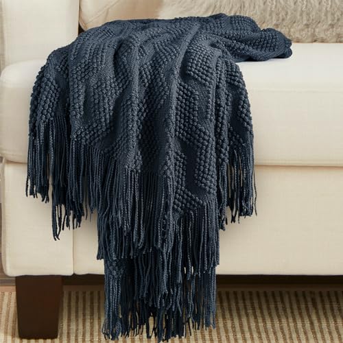 Navy Throw Blanket 50x60 Inch Soft Ripple Throw Knitted Blanket (Ripple-navy / 50"x60")