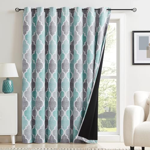 Moroccan 100% Blackout Sliding Door Curtains Aqua Grey 100x84 1 Set (Grommet | Aqua and Grey / 100"W x 84"L (Pack of 1))