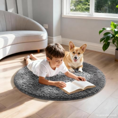 Round Rug 2Ft Grey Circle Area Rug (Grey / 2' (Round))