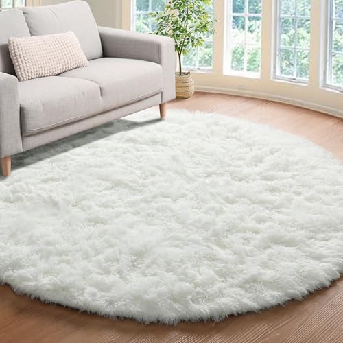 Cream White Fluffy Round Rug Circle Area Rugs 4ft for Kids Teen Bedroom (Cream White / 4' (Round))
