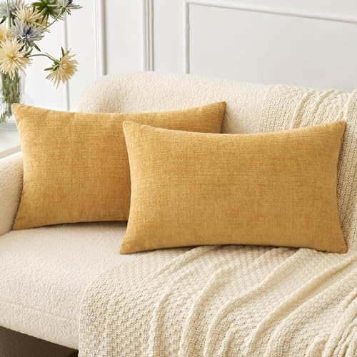 Soft Chenille Lumbar Throw Pillow Covers Gold 12x20 Inch Pack of 2 (20" x 12" (Pack of 2) / Gold)