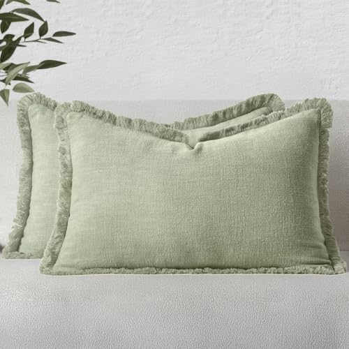 Linen Fringe Decorative Lumbar Throw Pillow Covers Sage Green 12x20 (20" x 12" (Pack of 2) / Sage Green)