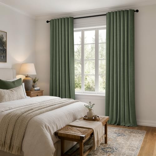 100% Blackout Linen Curtains 42 x 84 Inch Olive Green 2 Panels (Olive Green / 42"W x 84"L (Pack of 2))
