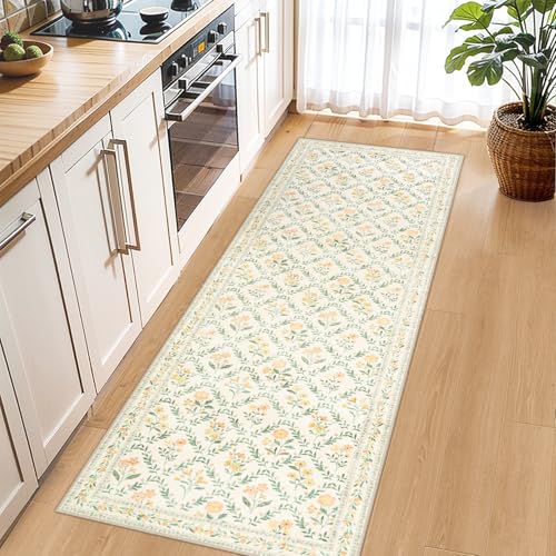 2.6x8 Washable Runner Rug：Floral Indoor Kitchen Carpet Beige Multi (Beige/Multi / 2'6" x 8' (Runner))