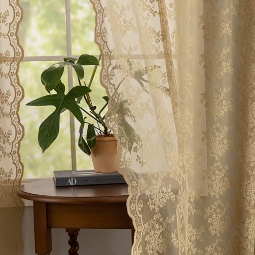 Vintage Lace Curtains 63 Inch Length 2 Panels Earthy Neutral Taupe Sheer Curtains with Scalloped Edges Rod Pocket Short Floral Crochet Panles for Bedroom Dining Room W52 X L63 Light Coffee (Taupe / 52"W x 63"L (Pack of 2))