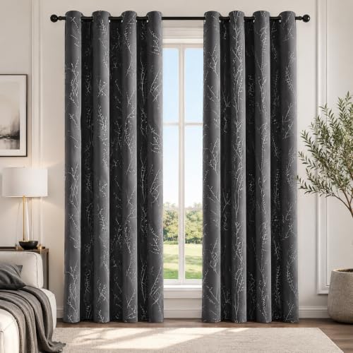 Living Room Curtains 63 Inches Long (Dark Grey/Tree Branch / 52"W x 63"L (Pack of 2))