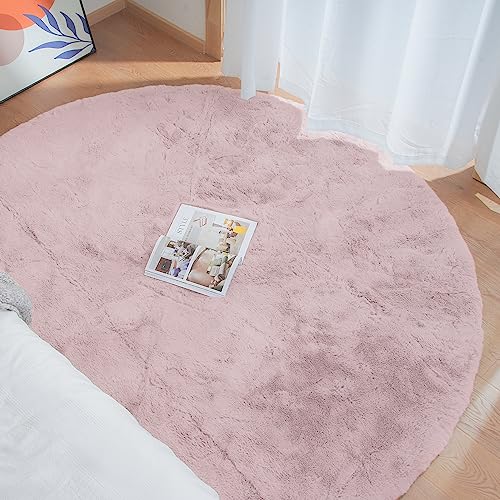 Pink Boho Faux Rabbit Fluffy Fur Rugs for Bedroom Shag Circle Washable Area Rugs for Living Room Nursery Round Rug 4ft (4' (Round) / Pink)