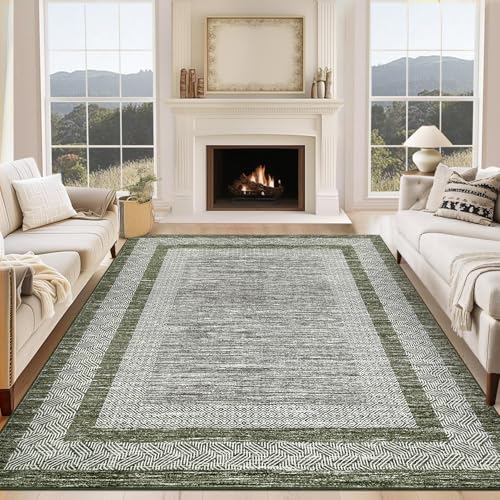 9x12 Large Modern Area Rug Bordered Non Shedding Floor Carpet (Green / 9' x 12' (Rectangular))