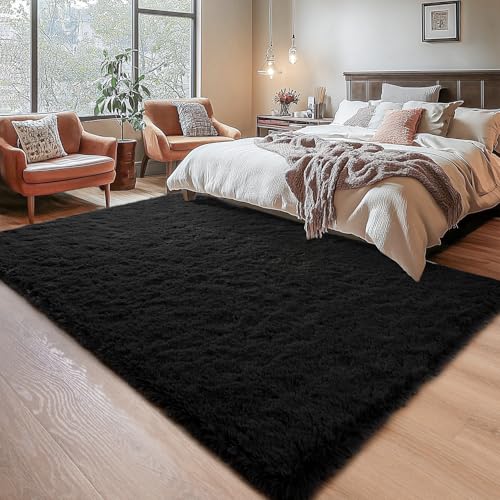 Soft Runner Rug for Bedroom Living Room Plush Fluffy Rugs 5x7 (Black / 5' x 7' (Rectangular))