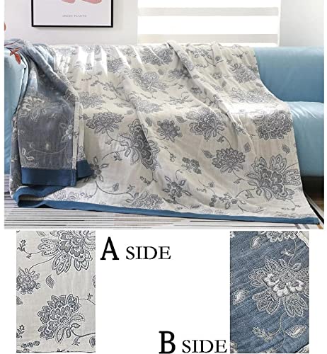 Boho Throw Blanket 80"x90" 100% Cotton Reversible Throw Couch Bed (M-blue Flower / 80"x90")