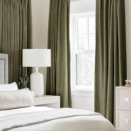 100% Blackout Linen Curtains for Bedroom 52x45 Light Olive Green (Light Olive Green / 52"W x 45"L (Pack of 2))
