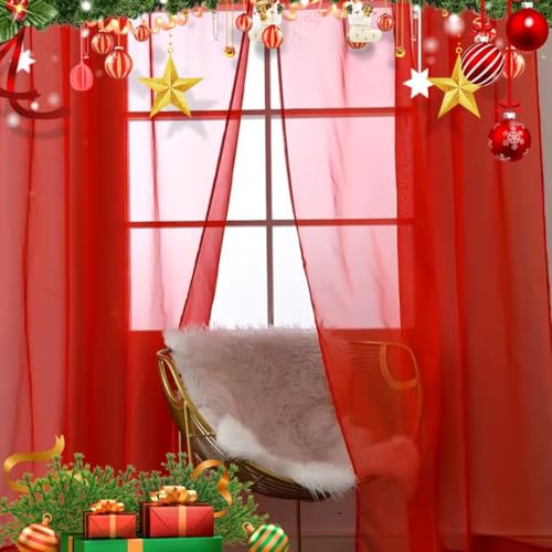 Basic Rod Pocket Sheer Voile Window Curtain Panels White 1 Pair 2 Panels 38 Width 84 Inch Long for Kitchen Bedroom Children Living Room Yard (Red / 38"W x 84"L (Pack of 2))