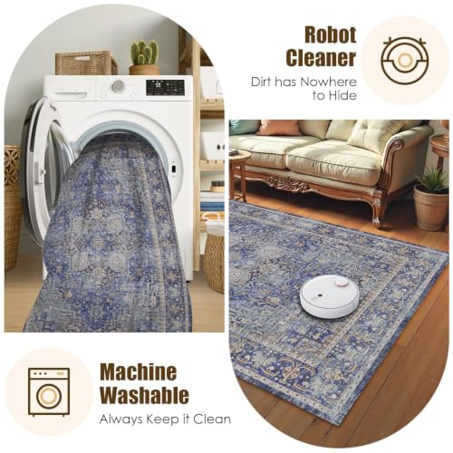 Washable Area Rug 3' x 5 ' Vintage Traditional Persian Mat (Indigo and Gold / 3' x 5' (Rectangular))
