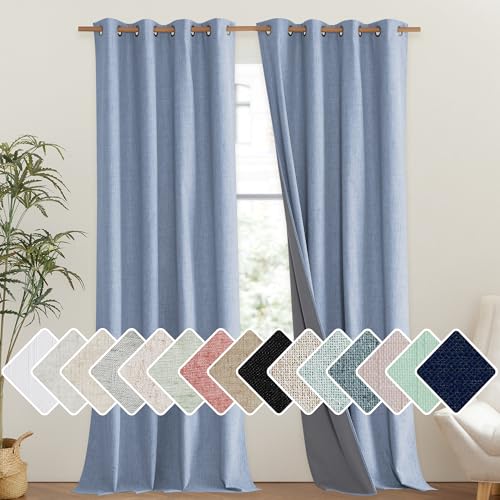 Stone Blue Vintage Linen 100% Blackout Curtains for Living Room (52"W x 102"L (Pack of 2) / Stone Blue)