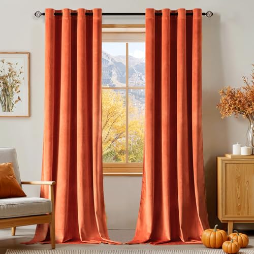 Fall Orange Velvet Curtains Terracotta 52 x 108 Inch Length Set of 2 (Orange / 52"W x 108"L (Pack of 2))