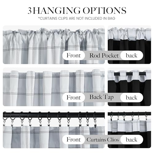 Farmhouse 100% Blackout White Kitchen Buffalo Plaid Curtains (26"W x 36"L (Pack of 2) / Grid Pattern | White & White)