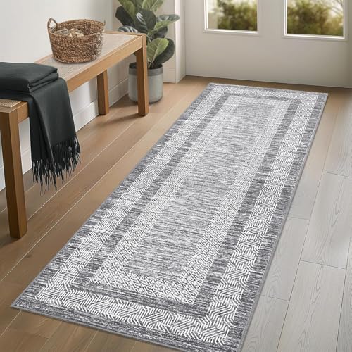 2x6 Modern Bordered Runner Rug Non Slip Washable Floor Carpet (Grey / 2' x 6' (Runner))