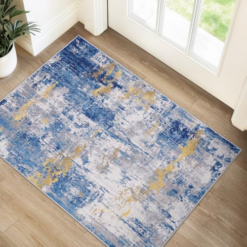 Washable 2'x3' Abstract Area Rug for Living Room Blue Gold (Blue/Gold / 2' x 3' (Rectangular))