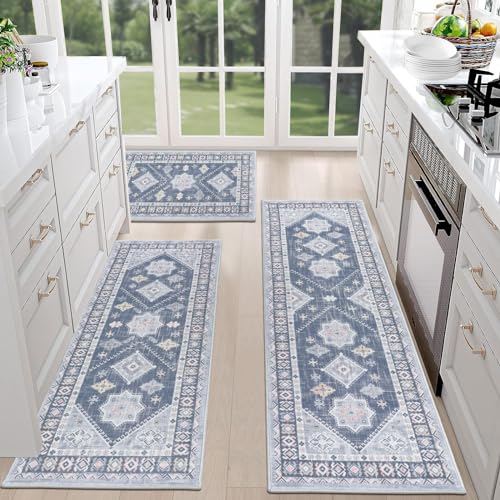 HEBE Boho Kitchen Rugs Set of 3 (Ash Blue / 20"x32"+20"x48"+20"x59")