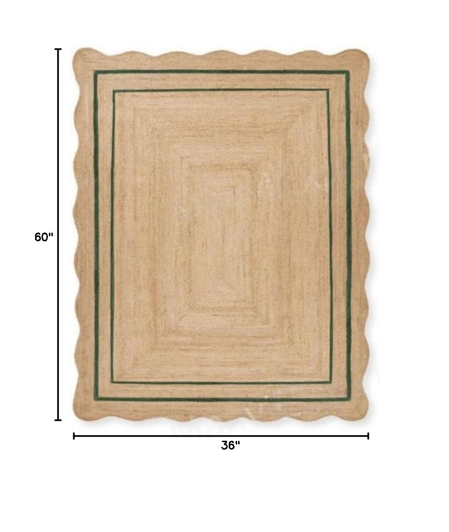 Natural Jute Scalloped Bohemian Handwoven Decorative Rug (Green / 3' x 5' (Rectangular))