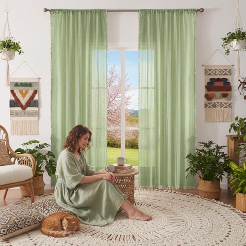 Boho Lace Curtains 84 Inches 2 Panel (59"W x 84"L (Pack of 2) / Grass Green)