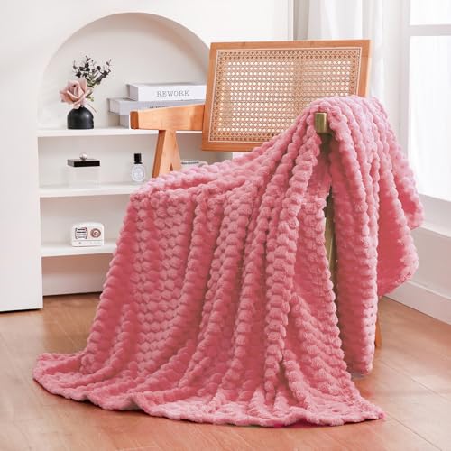 Rose Pink Throw Blanket 50"×60" Gifts for Mom Fuzzy 3D Jacquard Decorative (Rose Pink / 50"×60”)