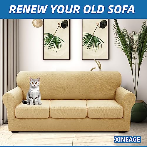 4 Piece Stretch Sofa Cover (71"-91"(3 Cushions) / Beige)