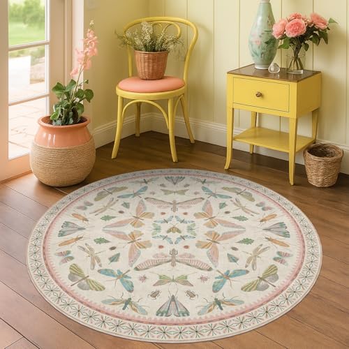 Boho Light Pink Round Rugs for Kids Bedroom (4' (Round) / Beige Pink)