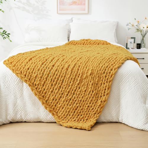 Chunky Knit Throw Blanket for Couch (Mustard Yellow / 40"x60" (Medium Size Throw）)