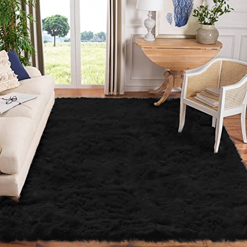 Black Sheepskin Area Rug 8x10 Fluffy Fuzzy Furry Shag Carpet for Living Room Bedroom Faux Fur Plush Rectangle (8' x 10' (Rectangular) / Black)