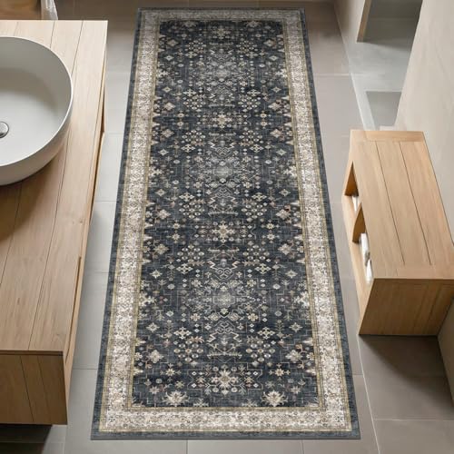 Black Boho Washable 2x6 Runner Rugs for Hallway Kitchen Bedroom Beside Laundry Room Bathroom Rug (2' x 6' (Runner) / Ashen / Multi)