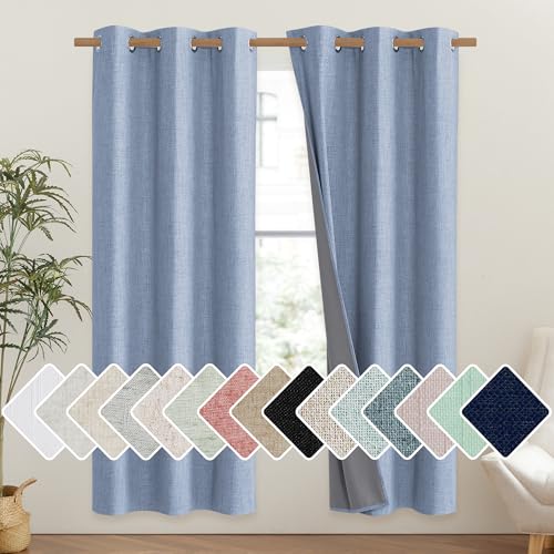 Stone Blue Vintage Linen 100% Blackout Curtains for Classroom (42"W x 72"L (Pack of 2) / Stone Blue)