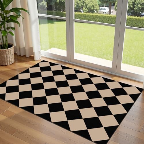 Black Tan Checkered Entry Rug (Diamond - Black / Tan / 3' x 5' (Rectangular))