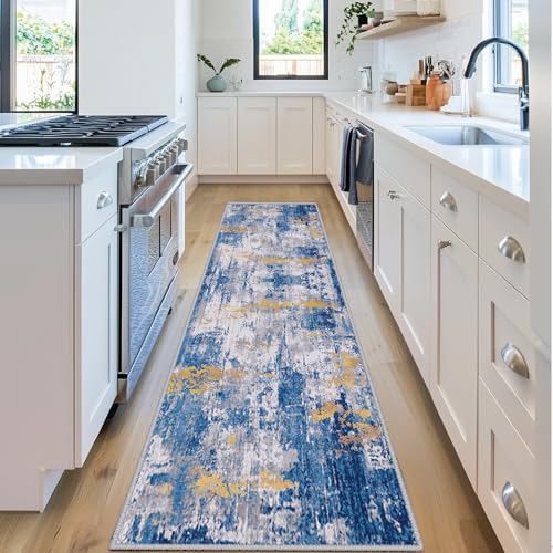 Washable Runner 2'x6' Abstract Area Rug for Hallway Blue Gold (Blue/Gold / 2' x 6' (Runner))