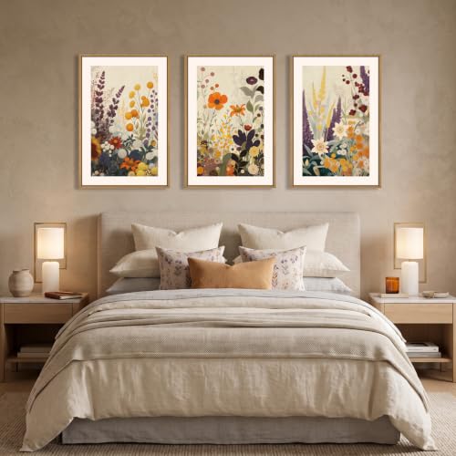 Large Retro Boho Vibrant Floral Framed Canvas Wall Art Set (Colorful Floral Wall Art / 24"L x 36"W)