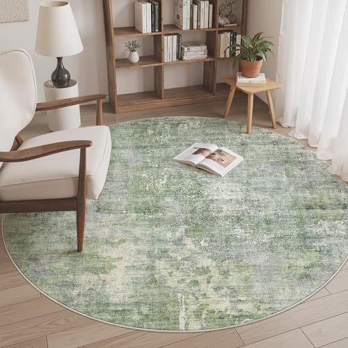 Abstract 6x6 Round Rug 6ft Circle Living Room Rugs (Green/Ivory / 6' (Round))