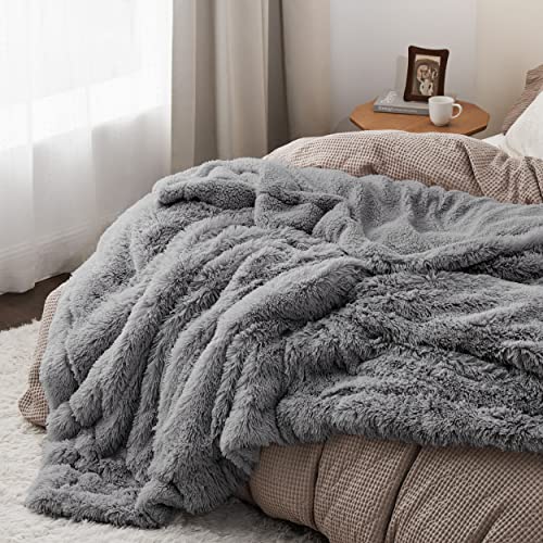 Faux Fur Fluffy Sherpa Fleece Queen Bed Blanket Light Grey 60"x80" (10- Grey / Queen (90" X 90"))