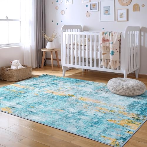 Living Room Rug 5x7 Teal Blue Area Rug Machine Washable Boho Rug Non Slip Abstract Vintage Indoor Large Rugs for Bedroom (Teal Blue / 5' x 7' (Rectangular))