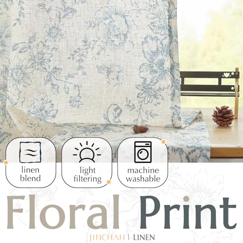 Blue Floral Linen Curtains 84 Long for Living Room 2 Panels (Blue / 38"W x 84"L (Pack of 2))
