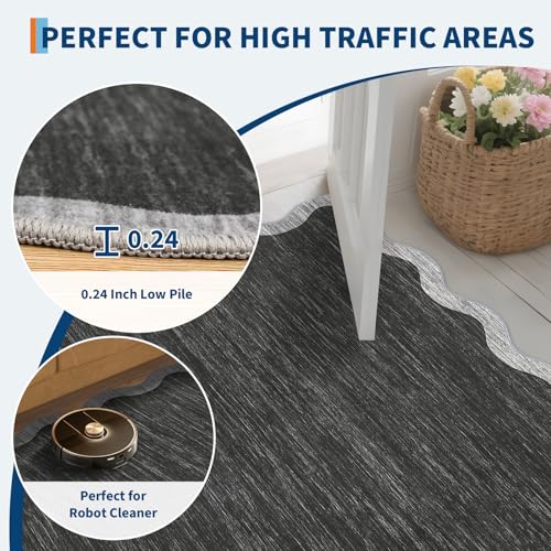 Scalloped Washable Area Rug 6x9 Rug for Living Room Non Slip (Scalloped|black / 6' x 9' (Rectangular))