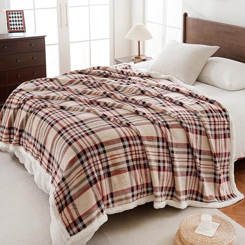 Sherpa Fleece Throw Blanket 60" x 80" Reversible Plush Fluffy Large Big Blanket Lattice Flannel Blankets for All Season Use (Beige Stripe / 60"*80")