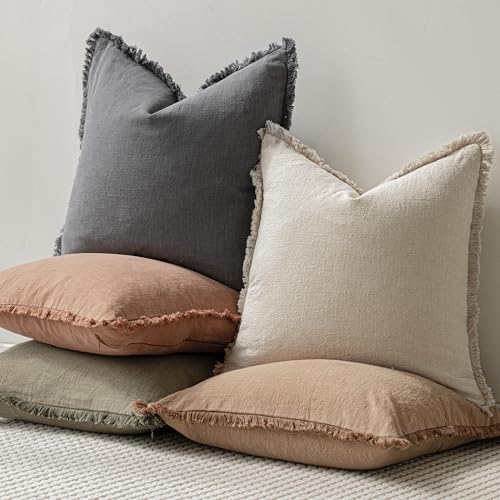 Decorative Linen Fringe Throw Pillow Covers 24×24 Inch (24" x 24" (Pack of 2) / Grey)