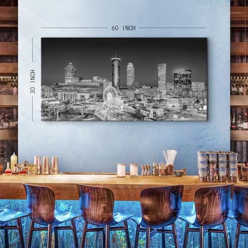 Large Black and White Wall Art Atlanta Skyline Canvas Prints Atlanta City Night View Pictures Modern Panoramic Cityscape Painting Posters Ferris Wheel Canvas Artwork for Home Decorations 30x60" (60"L x 30"W / Atlanta)
