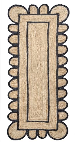 Scalloped Natural Jute Area Rug (Black / 2'6" x 20' (Runner))