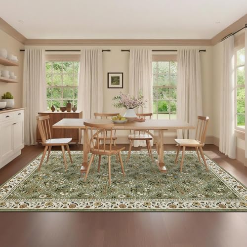 8x10 Washable Large Living Room Rug Water Resistant Distressed Vintage Floral (Green/Spring / 8' x 10' (Rectangular))