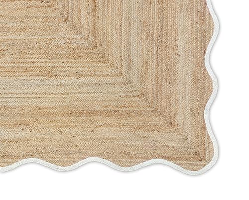 Wave Scalloped Natural Jute Rug Boho Area Rug Braided Rug (White / 5'x8' (Rectangular))