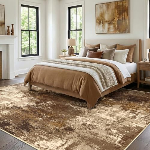 Washable 9'x12' Abstract Area Rug for Living Room Brown Tan (Brown/Tan / 9' x 12' (Rectangular))