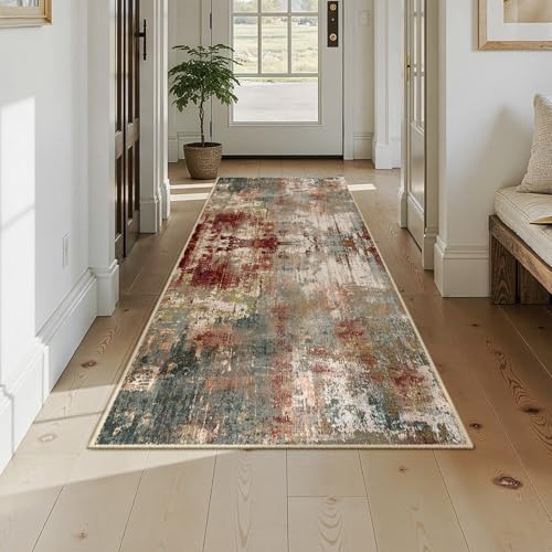 Washable Runner 3'x8' Abstract Area Rug for Hallway Rustic Brown (Rust Red/Green/Blue/Multi / 3' x 8' (Runner))