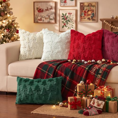 Red Xmas Tree Faux Fur Throw Pillow Covers 12x20 Set of 2 (Red Tree / 20" x 12" (Pack of 2))